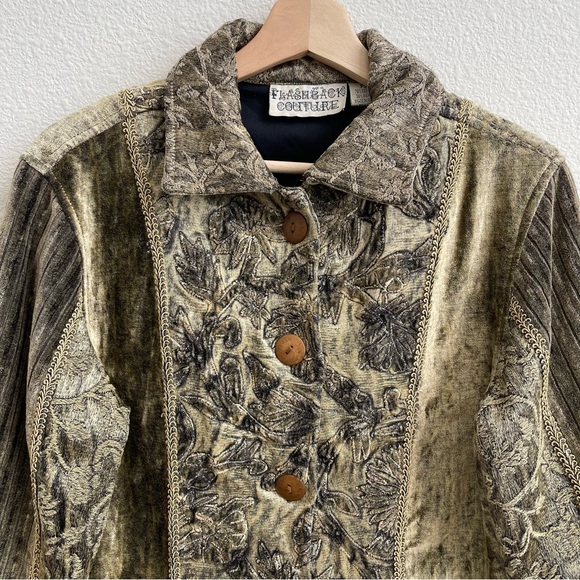 FLASHBACK COUTURE Vintage 90s Khaki Olive Velvet Carpet Button Up Blazer Jacket - Picture 2 of 9